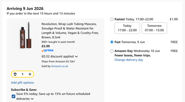 Screenshot showing Revolution Wrap Lash Tubing Mascara, Brown for £5.99 at Amazon