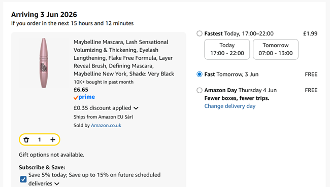 Screenshot showing Maybelline Lash Sensational Volumizing & Thickening Mascara Very Black for £6.65 at Amazon