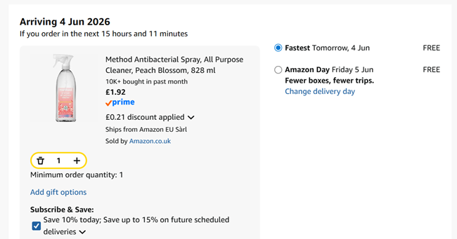 Screenshot showing Method Antibacterial Spray, All Purpose Cleaner, Peach Blossom, 828 ml for £1.92 at Amazon