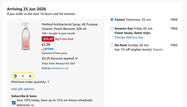 Screenshot showing Method Antibacterial Spray, All Purpose Cleaner, Peach Blossom, 828 ml for £1.79 at Amazon