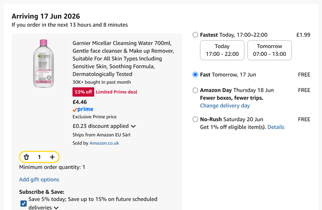 Screenshot showing Garnier Micellar Cleansing Water 700ml for £4.46 at Amazon