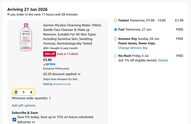 Screenshot showing Garnier Micellar Cleansing Water 700ml for £3.89 at Amazon