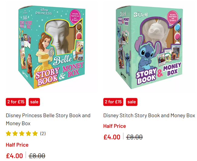 Screenshot showing Disney Stitch or Princess Belle Story Book & Money Box for £4 at Argos
