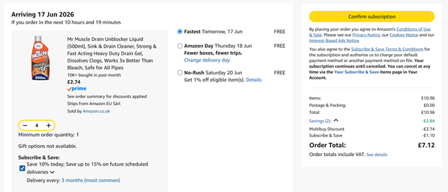Screenshot showing Mr Muscle Drain Unblocker Liquid 500ml x 4 for £7.12 at Amazon