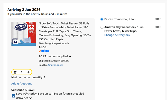 Screenshot showing Nicky Soft Touch Toilet Tissue 32 Rolls for £6.58 at Amazon