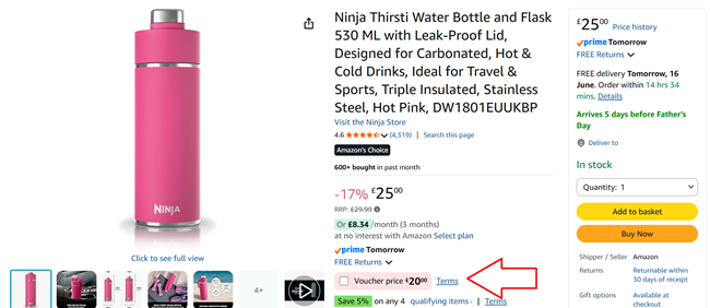 Screenshot showing Ninja Thirsti Water Bottle and Flask 530 ML Pink at Amazon