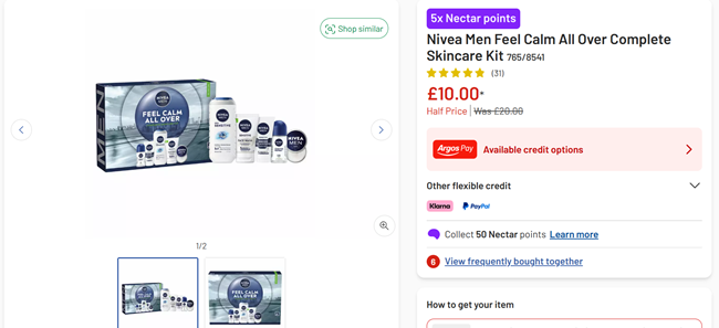 Screenshot showing Nivea Men Feel Calm All Over Complete Skincare Kit for £10 at Argos