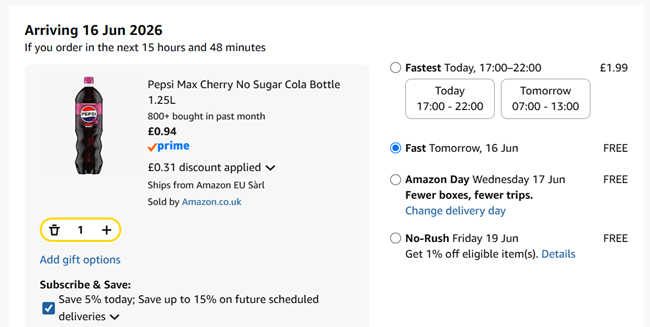 Screenshot showing Pepsi Max Cherry No Sugar Cola Bottle 1.25L for 94p at Amazon