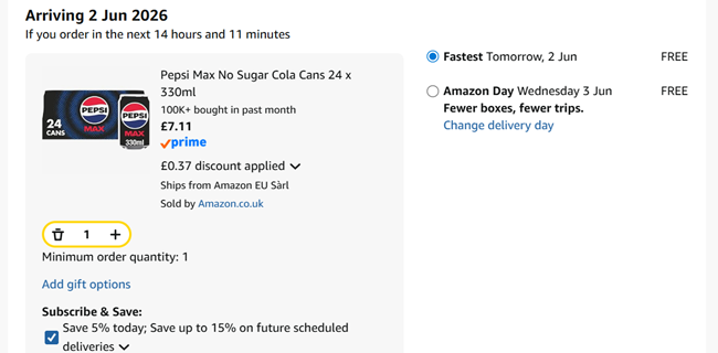 Screenshot showing Pepsi Max No Sugar Cola Cans 24 x 330ml for £7.11 at Amazon
