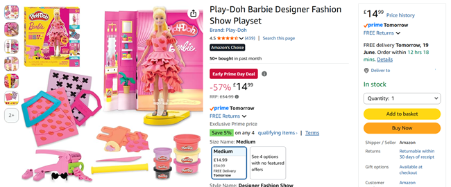 Screenshot showing Play-Doh Barbie Designer Fashion Show Playset for £14.99 at Amazon