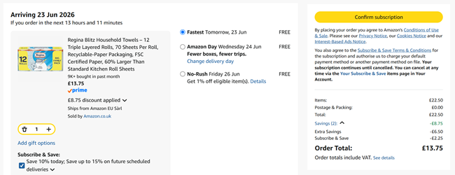 Screenshot showing Regina Blitz Household Towels – 12 Triple Layered Rolls for £13.75 at Amazon