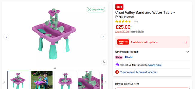 Screenshot showin Chad Valley Sand and Water Table Pink for £25 at Argos