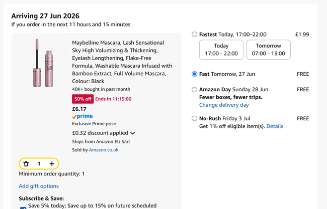 Screenshot showing Maybelline New York Lash Sensational Sky High Mascara Black for £6.17 at Amazon