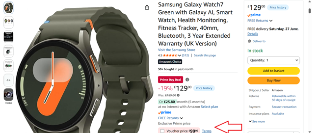 Screenshot showing Samsung Galaxy Watch7 Green with Galaxy AI Smart Watch at Amazon