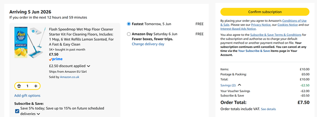 Screenshot showing Flash Speedmop Wet Mop Floor Cleaner Starter Kit with 6 Lemon Scented Wet Refills for £7.50 at Amazon