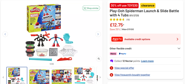 Screenshot showing Play-Doh Spiderman Launch & Slide Battle with 4 Tubs at Argos