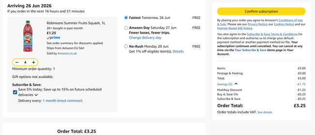 Screenshot showing Robinsons Summer Fruits Squash 1L x 4 for £3.25 at Amazon