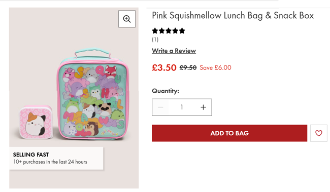 Screenshot showing Squishmallow Lunch Bag & Snack Box for £3.50 at Matalan