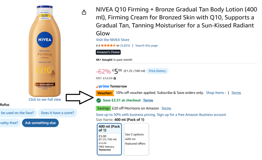 Offer Stack on NIVEA Q10 Firming + Bronze Gradual Tan Body Lotion 400ml now £1.49 @ Amazon