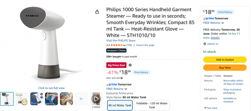 Screenshot showing Philips 1000 Series Handheld Garment Steamer for £18.99 at Amazon