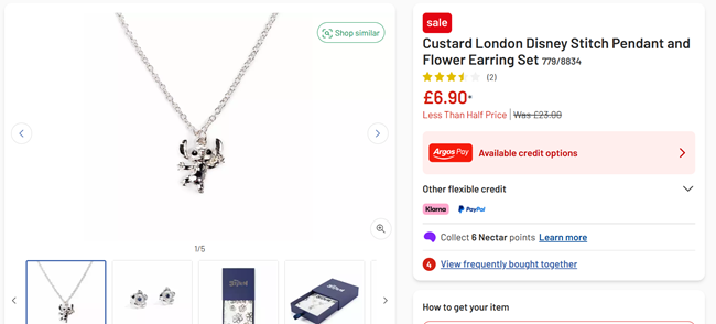 Screenshot showing Custard London Disney Stitch Pendant and Flower Earring Set for £6.90 at Argos