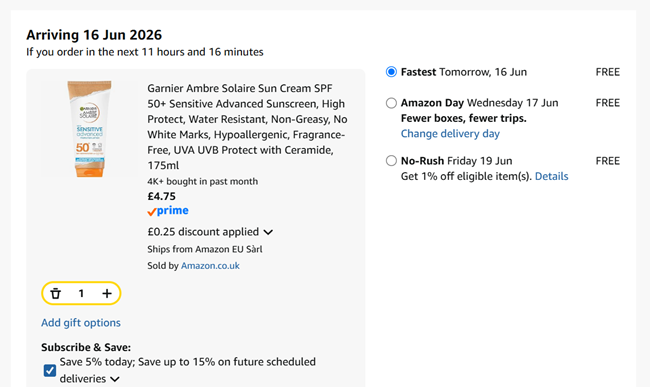 Screenshot showing Garnier Ambre Solaire Sun Cream SPF 50+ Sensitive Advanced Sunscreen 175ml for £4.75 at Amazon