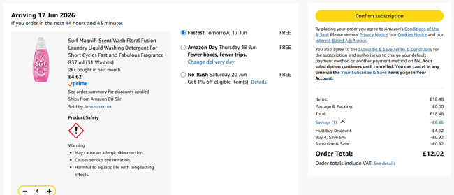 Screenshot showing Surf Magnifi‑Scent Floral Fusion Laundry Liquid, 31 Washes x 4 for £12.02 at Amazon