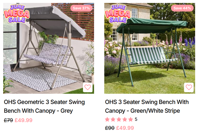 Screenshot showing OHS 3 Seater Swing Bench With Canopy for £49.99 at Online Home Shop