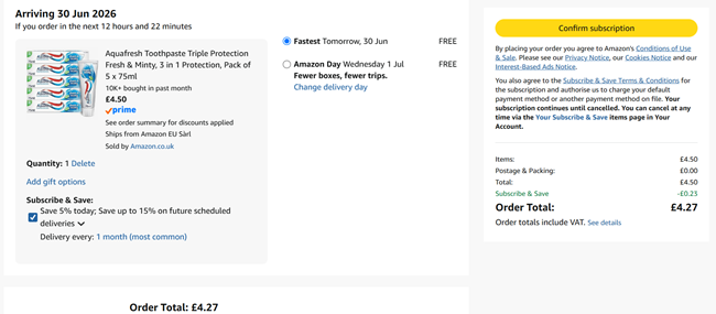 Screenshot showing Aquafresh Toothpaste Triple Protection Fresh & Minty, Pack of 5 x 75ml for £4.27 at Amazon