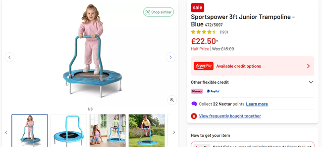 Screenshot showing Sportspower 3ft Junior Trampoline Blue for £22.50 at Argos