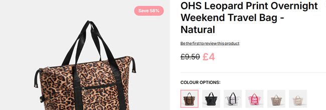 Screenshot showing OHS Leopard Print Overnight Weekend Travel Bag for £4 at Online Home Shop