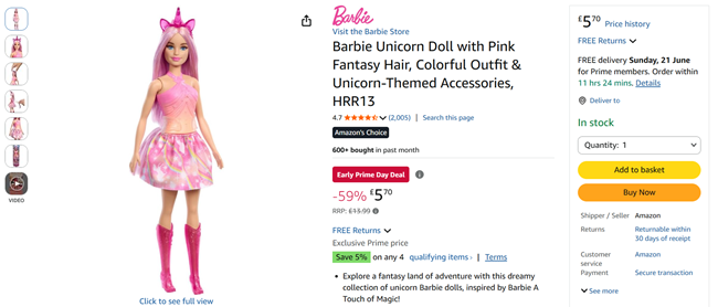 Screenshot showing Barbie Unicorn Doll for £5.70 at Amazon