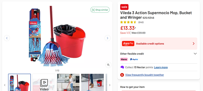 Screenshot showing Vileda 3 Action Supermocio Mop, Bucket and Wringer for £13.33 at Argos