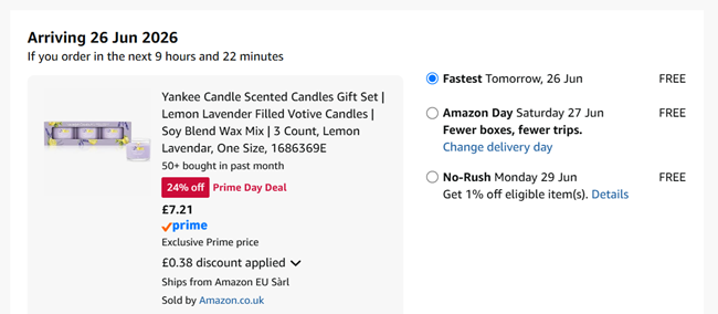 Screenshot showing Yankee Candle Lemon Lavender 3 Votive Candles Gift Set for £7.21 at Amazon