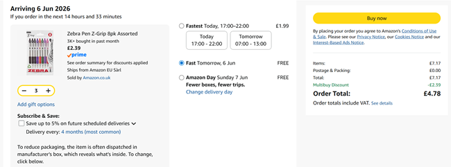 Screenshot showing Zebra Pen Z-Grip 8pk Assorted, 3 Packs for £4.78 at Amazon