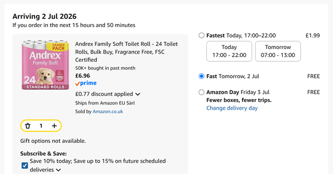 Screenshot showing Andrex Family Soft Toilet Paper 24 Rolls for £6.96 at Amazon