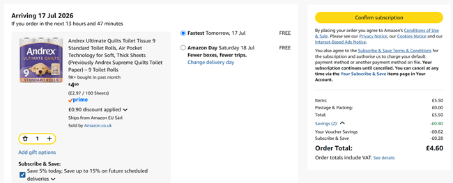Screenshot showing Andrex Ultimate Quilts Toilet Tissue 9 Standard Rolls for £4.60 at Amazon