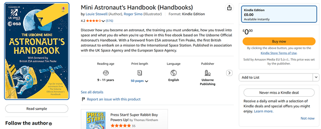 Screenshot showing The Usborne Mini Astronaut's Handbook free for Kindle at Amazon