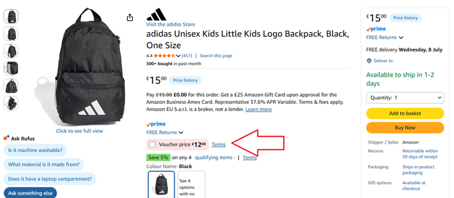 Screenshot showing adidas Unisex Kids Logo Backpack at Amazon