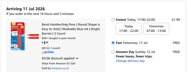 Screenshot showing Berol Handwriting Pens Pack Of 2 Blue or Black for £1.04 at Amazon