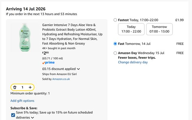 Screenshot showing Garnier Intensive 7 Days Aloe Vera & Probiotic Extract Body Lotion 400ml for £2.85 at Amazon