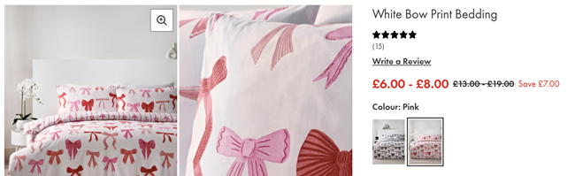 Screenshot showing White Bow Print Bedding now from £6 at Matalan