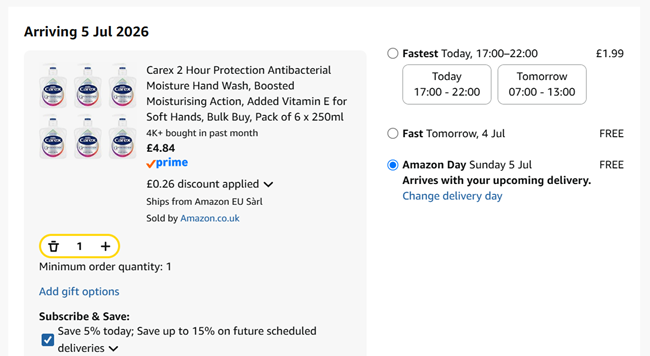 Screenshot showing Carex 2 Hour Protection Antibacterial Moisture Hand Wash Pack of 6 x 250ml for £4.84 at Amazon