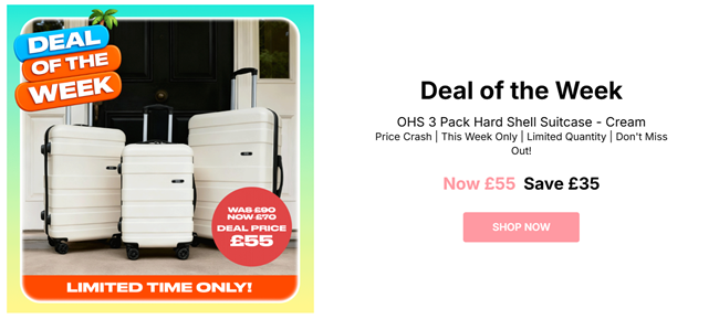 Screenshot showing OHS 4 Wheel Hard Shell Suitcase, Cream - 3 Pack for £55 at Online Home Shop