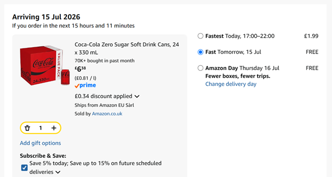 Screenshot showing Coca-Cola Zero Sugar Soft Drink Cans, 24 x 330 ml for £6.38 at Amazon