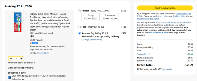 Screenshot showing Colgate Extra Clean Medium Manual Toothbrush Assorted Pack of 3 x 3 for £2.59 at Amazon