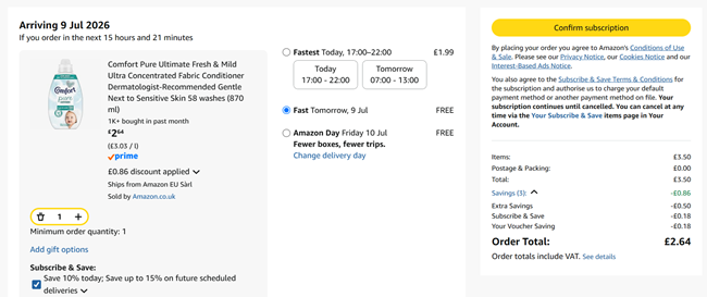 Screenshot showing Comfort Pure Ultimate Fresh & Mild Ultra Concentrated Fabric Conditioner 58 washes for £2.64 at Amazon