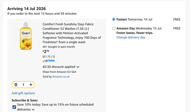 Screenshot showing Comfort Fresh Sunshiny Days Fabric Conditioner 52 Washes for £2.70 at Amazon