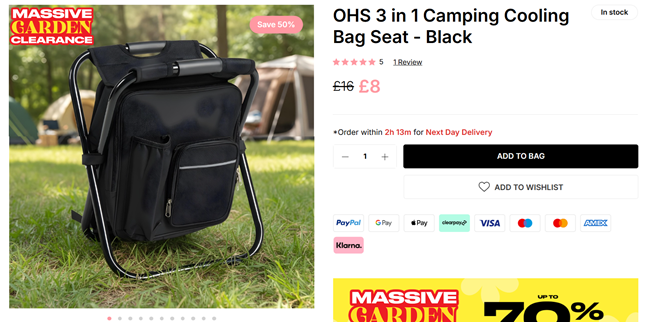 Screenshot showing OHS 3 in 1 Camping Cooling Bag Seat for £8 at Online Home Shop