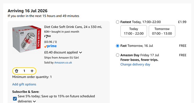 Screenshot showing Diet Coke Soft Drink Cans, 24 x 330 ml for £7.60 at Amazon